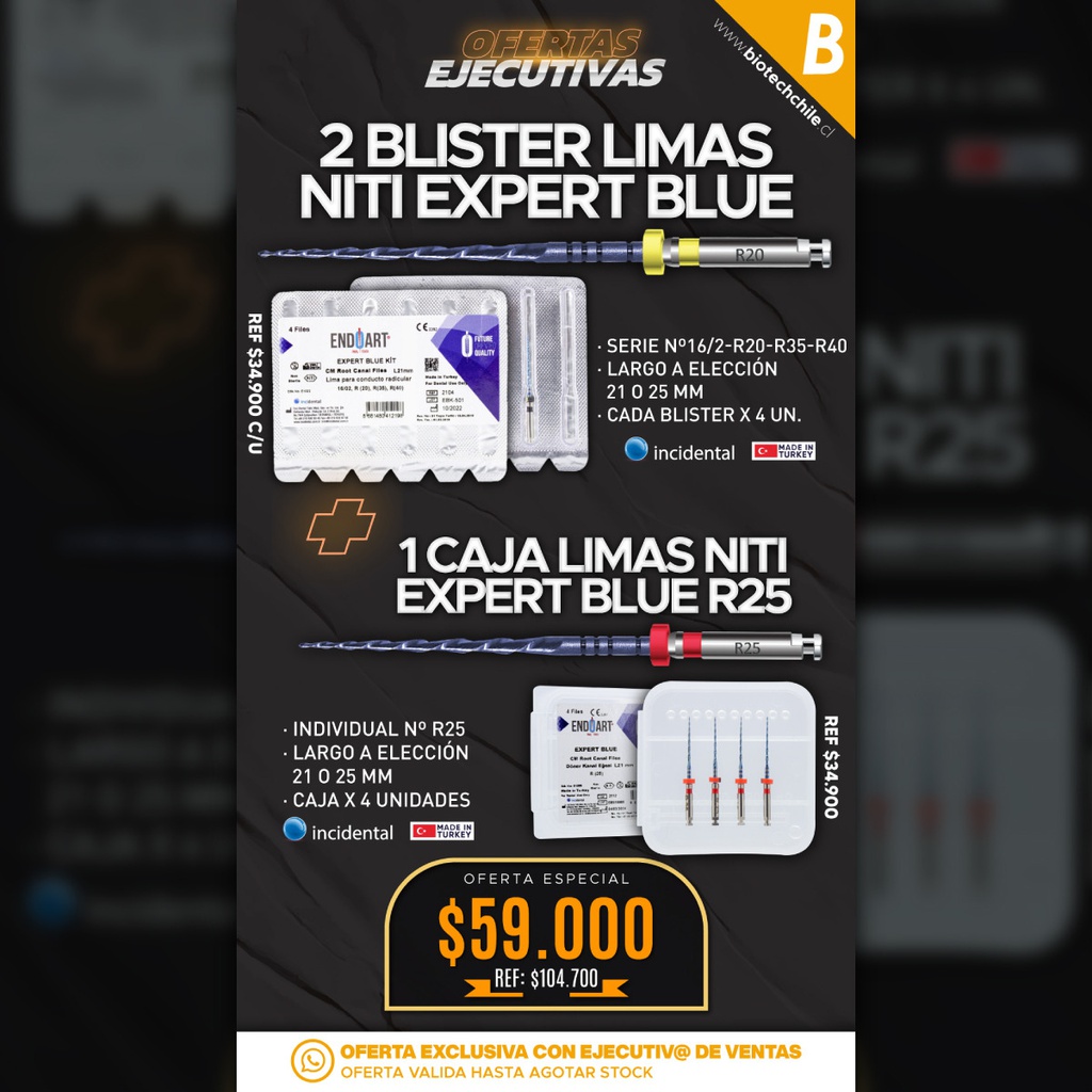 2 Blister Limas NiTi Expert Blue Endoart Serie + 1 Caja Limas NiTi Expert Blue Endoart N°R25 Incidental