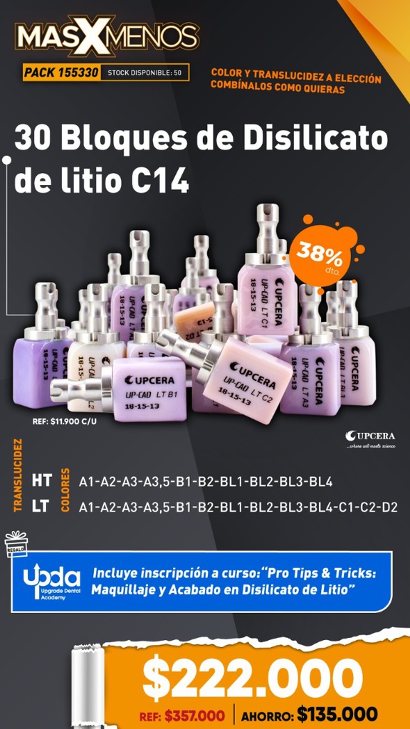 30 Bloques de Disilicato de litio C14 Upcera + Gratis Curso