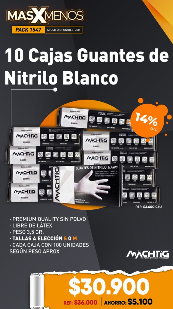 10 Cajas Guantes de Nitrilo Blanco Machtig