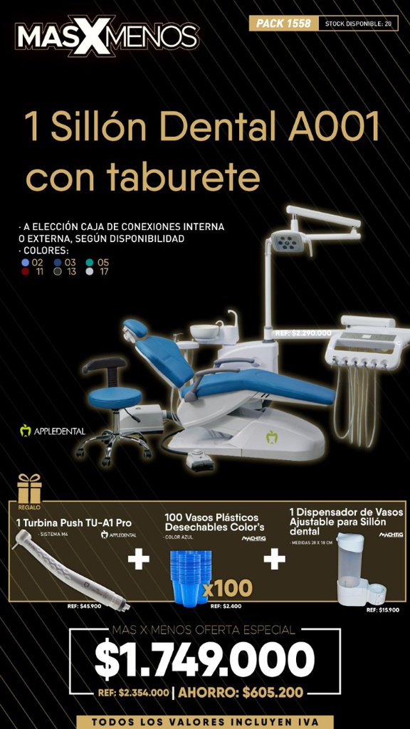 1 Sillón Dental A001 con taburete Appledental + Regalos