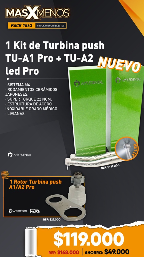 1 Kit de Turbina push TU-A1 Pro + TU-A2 led Pro Appledental + Regalo