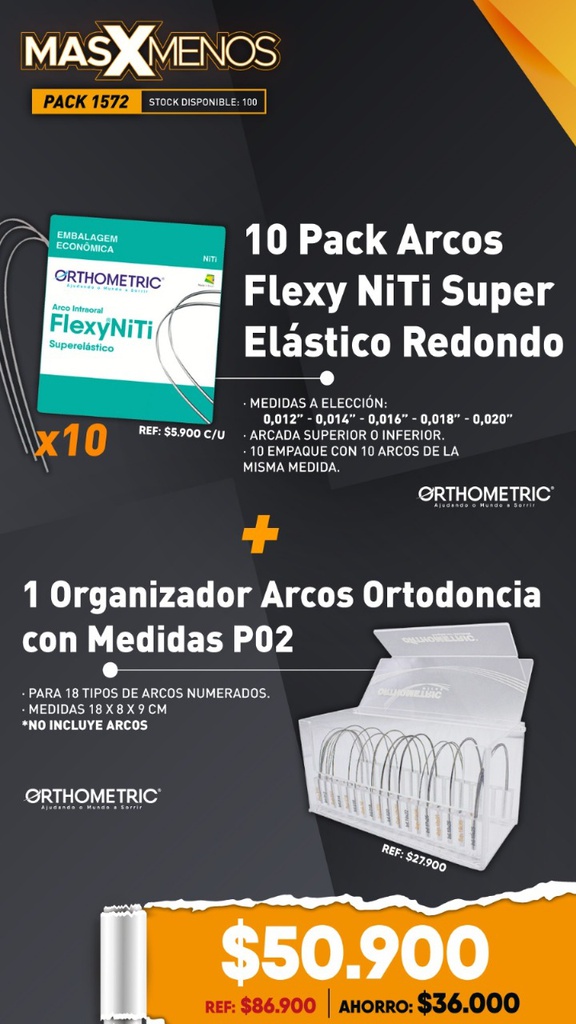 10 Pack Arcos Flexy NiTi Super Elástico Redondo + 1 Organizador Arcos Ortodoncia con Medidas Orthometric P02