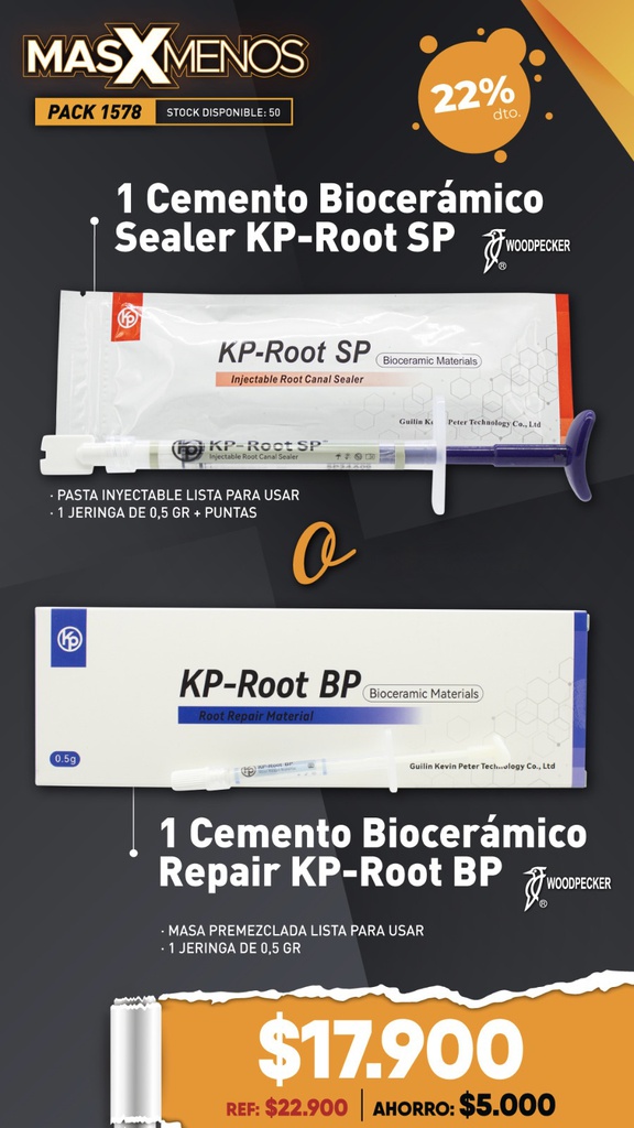 1 Cemento Biocerámico Sealer KP-Root SP o 1 Cemento Biocerámico Repair KP-Root BP Woodpecker