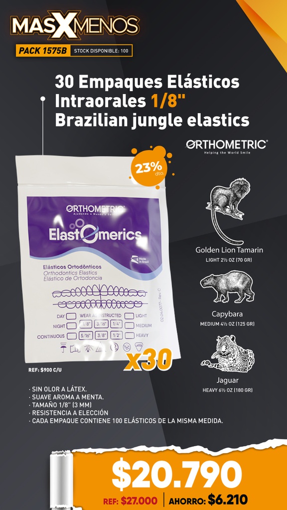 30 Empaques Elásticos Intraorales 1/8&quot; Brazilian jungle elastics Orthometric