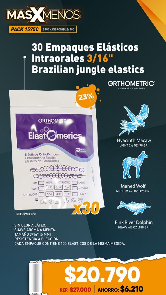 30 Empaques Elásticos Intraorales 3/16&quot;  Brazilian jungle elastics Orthometric