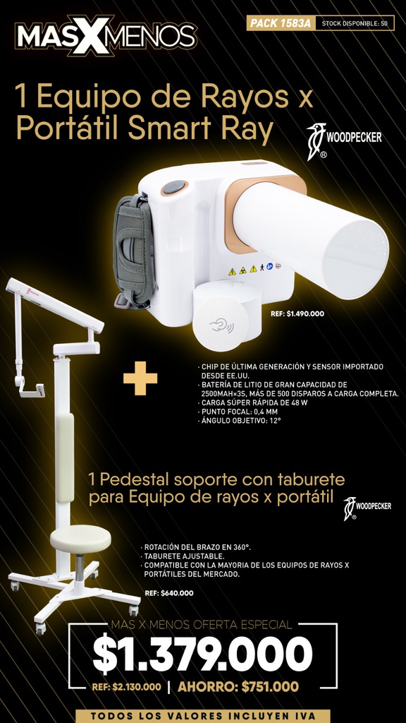 1 Equipo de Rayos x Portátil Smart Ray + 1 Pedestal soporte con taburete para Equipo de rayos x portátil Woodpecker