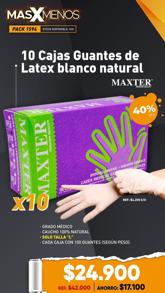 10 Cajas Guantes de Latex blanco natural Maxter