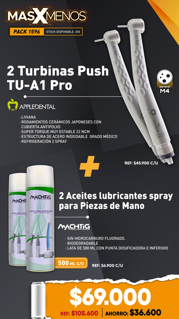 2 Turbinas push TU-A1 Pro Appledental + 2 Aceites lubricantes spray para Piezas de Mano Machtig
