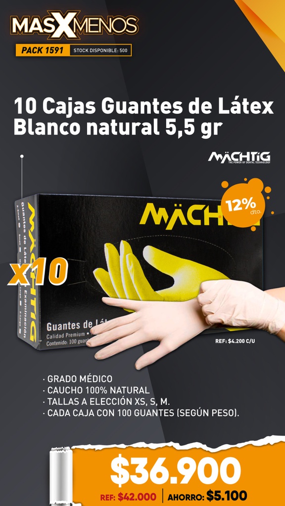 10 Cajas Guantes de Látex Blanco natural 5,5 gr Machtig