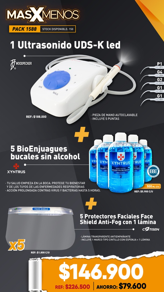 1 Ultrasonido UDS-K led Woodpecker + 5 BioEnjuagues bucales Xyntrus Brix + 5 Protectores Faciales con 1 lámina Cotisen