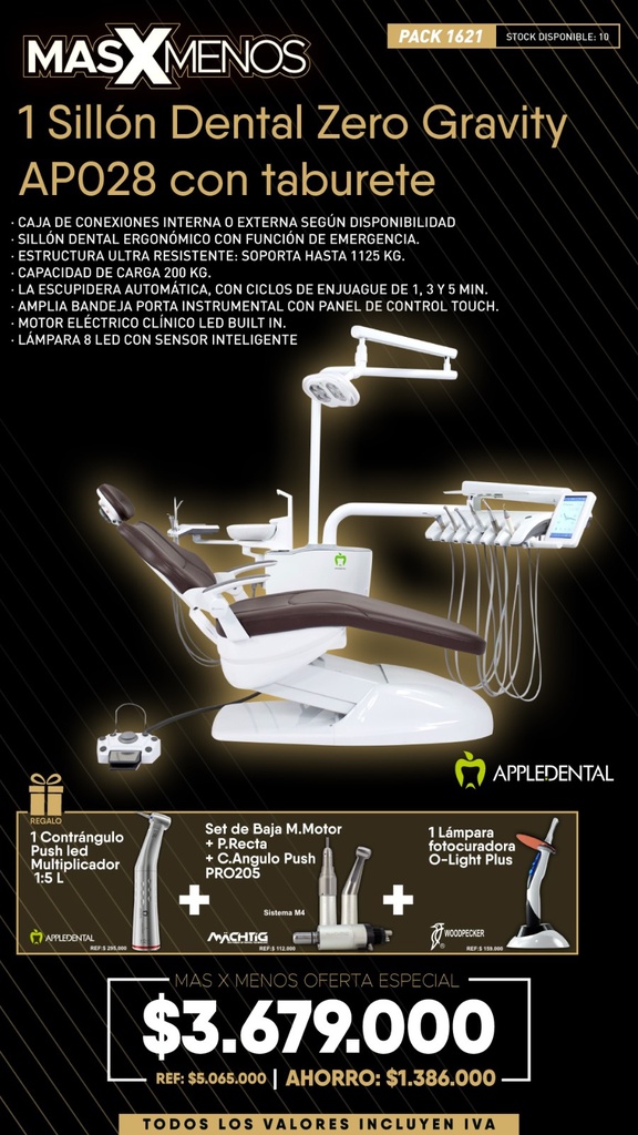 1 Sillón Dental Zero Gravity AP028 con taburete Appledental + Regalos
