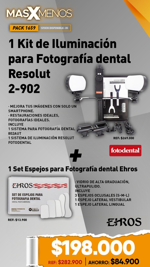 1 Kit de Iluminación para Fotografía Resolut 2-902 Fotodental + 1 Set Espejos para Fotografía Ehros