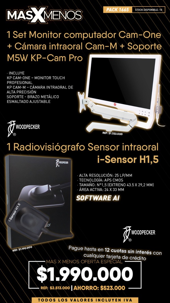 1 Set Monitor computador Cam-One + Cámara intraoral Cam-M + Soporte M5W KP-Cam Pro + 1 Radiovisiógrafo Sensor intraoral i-Sensor H1,5 Woodpecker