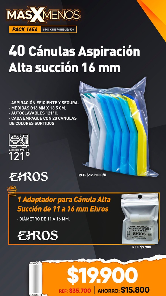 40 Cánulas para Aspiración de Alta succión 16 mm Ehros + Regalo