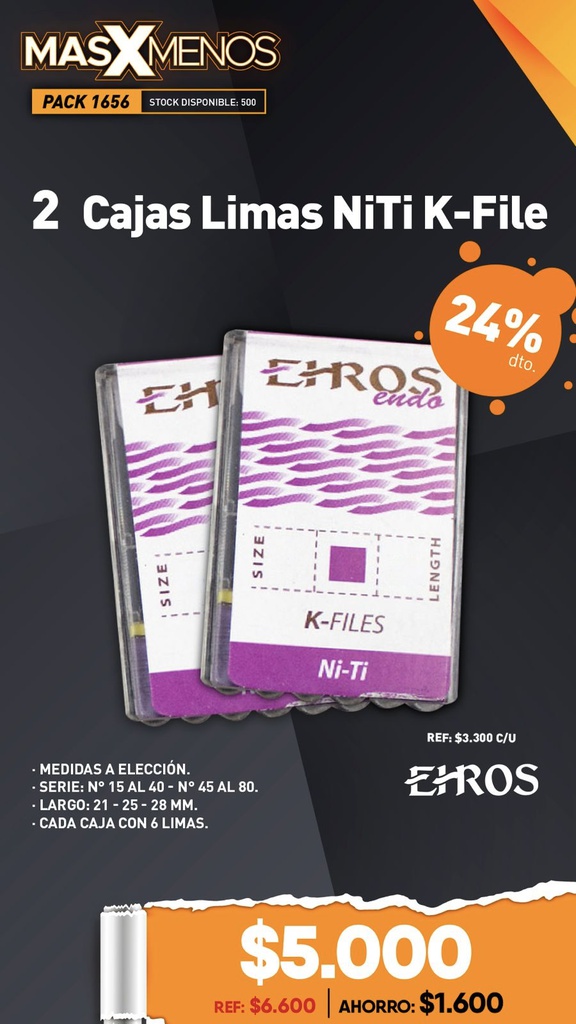 2 Cajas Limas Manuales NiTi K-File Ehros