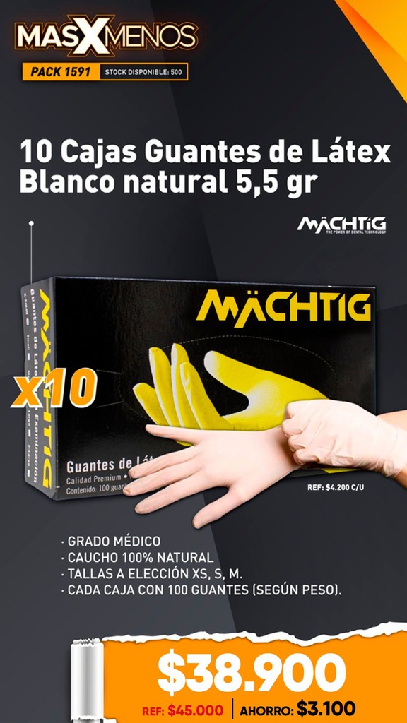 10 Cajas Guantes de Látex Blanco natural 5,5 gr Machtig