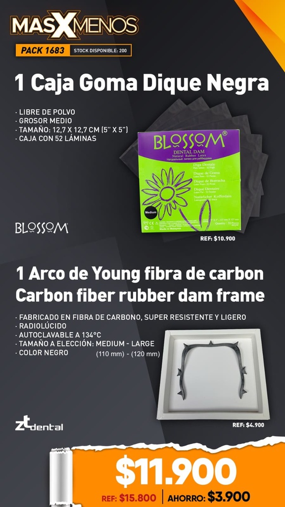 1 Caja Goma Dique Negra Blossom + 1 Arco de Young fibra de carbon Carbon fiber rubber dam frame ZT Dental