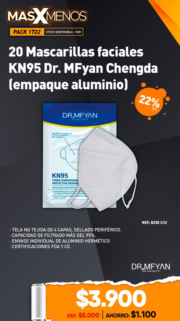 20 Mascarillas faciales KN95 Dr. MFyan Chengda (empaque aluminio)