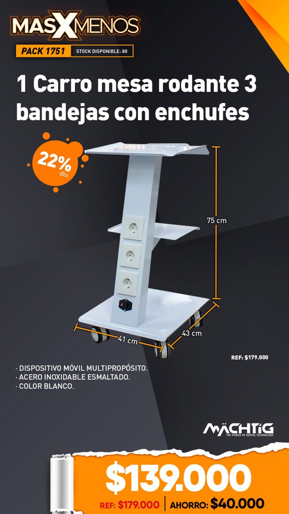 1 Carro mesa rodante 3 bandejas con enchufes Machtig