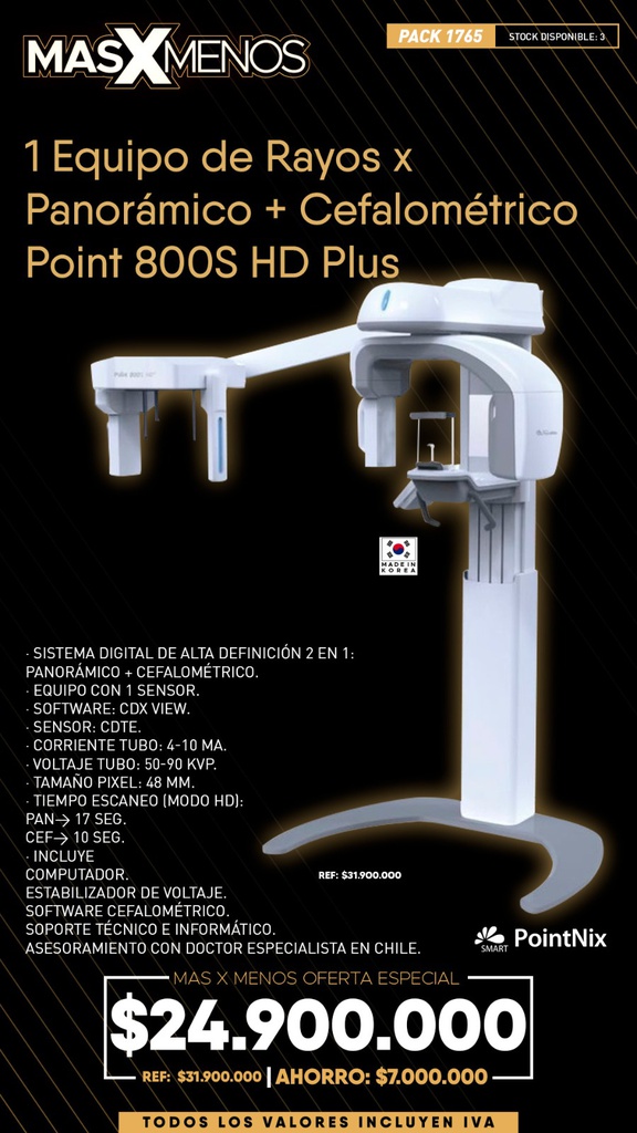 1 Equipo de Rayos x Panorámico + Cefalométrico Point 800S HD Plus Pointnix