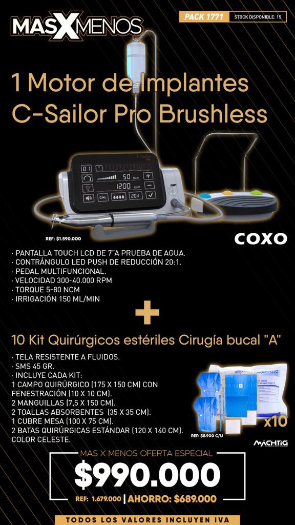 1 Motor de Implantes C-Sailor Pro Brushless Coxo + 10 Kit Quirúrgicos estériles Cirugía bucal &quot;A&quot; Machtig