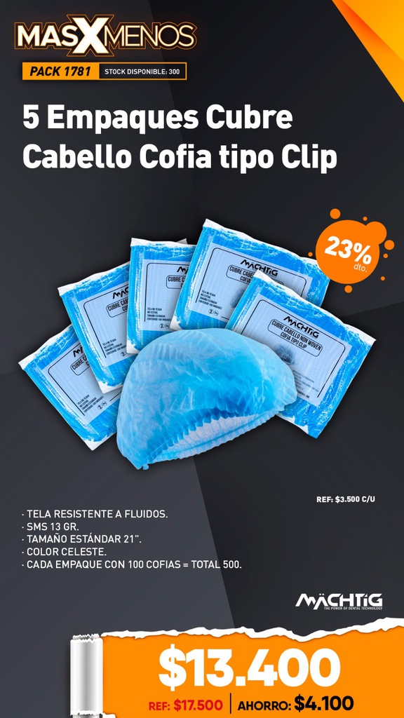 5 Empaques Cubre Cabello Cofia tipo Clip Machtig