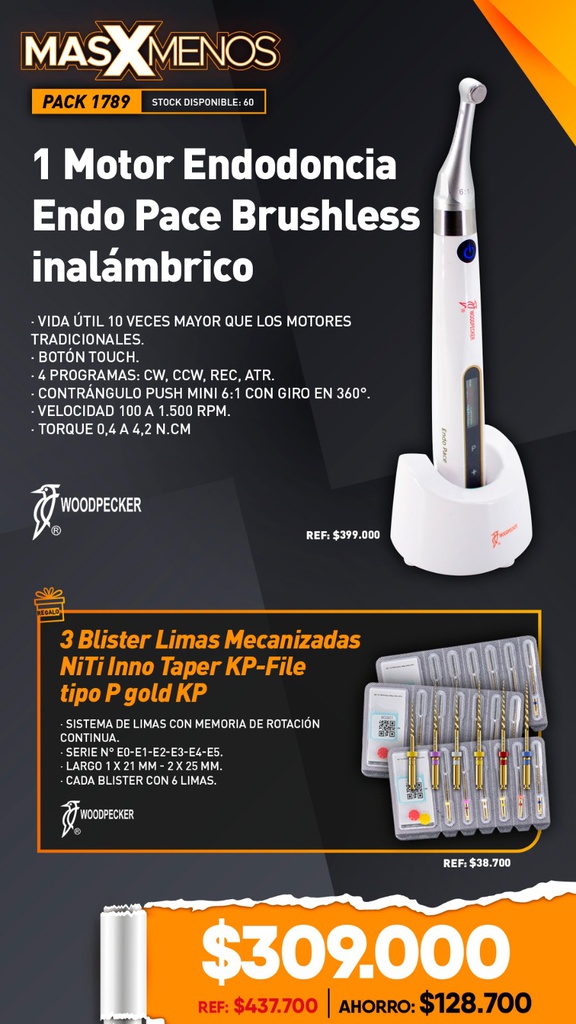 1 Motor Endodoncia Endo Pace Brushless Woodpecker + Regalos