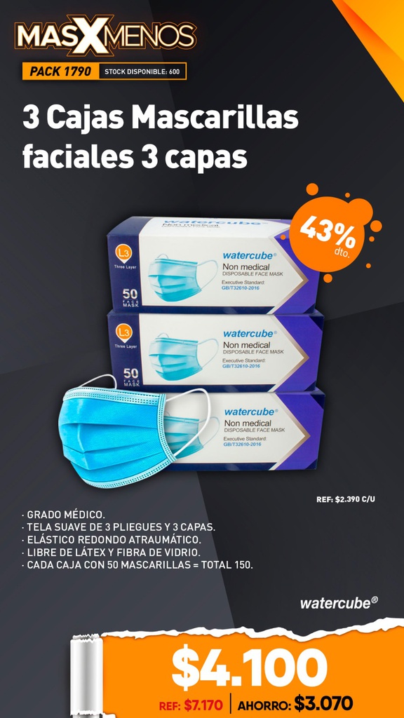 3 Cajas Mascarillas faciales 3 capas Watercube Keteng Medical