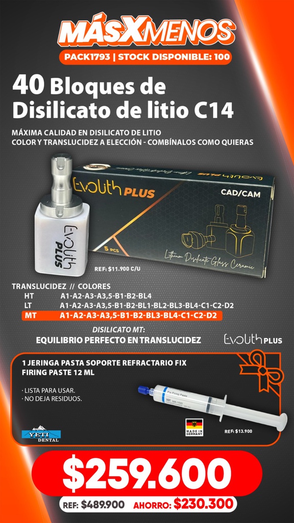 40 Bloques de Disilicato de litio C14 Evolith Plus + Regalo