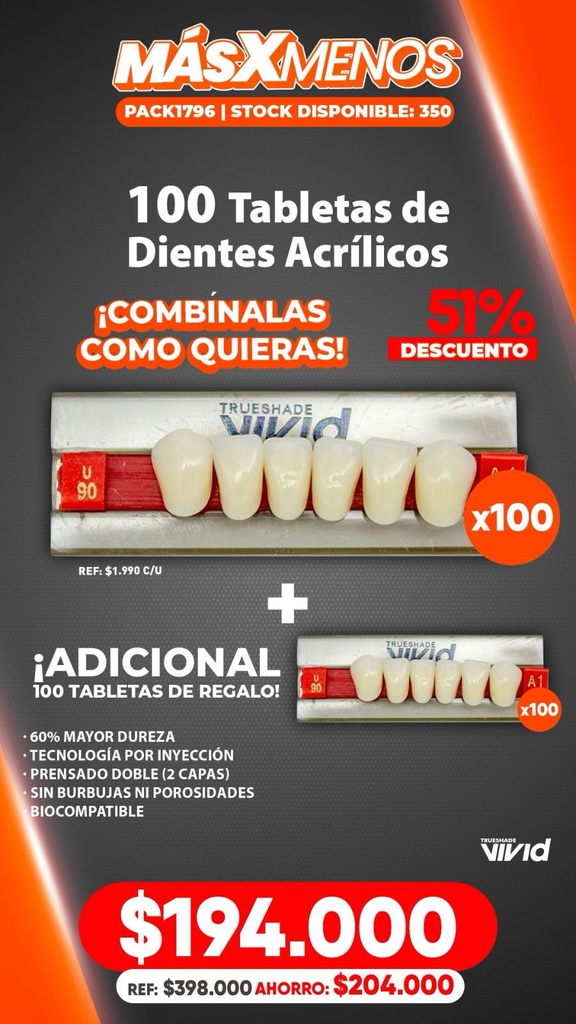 100 Tabletas de Dientes Acrílicos Vivid + 100 Tabletas Adicionales