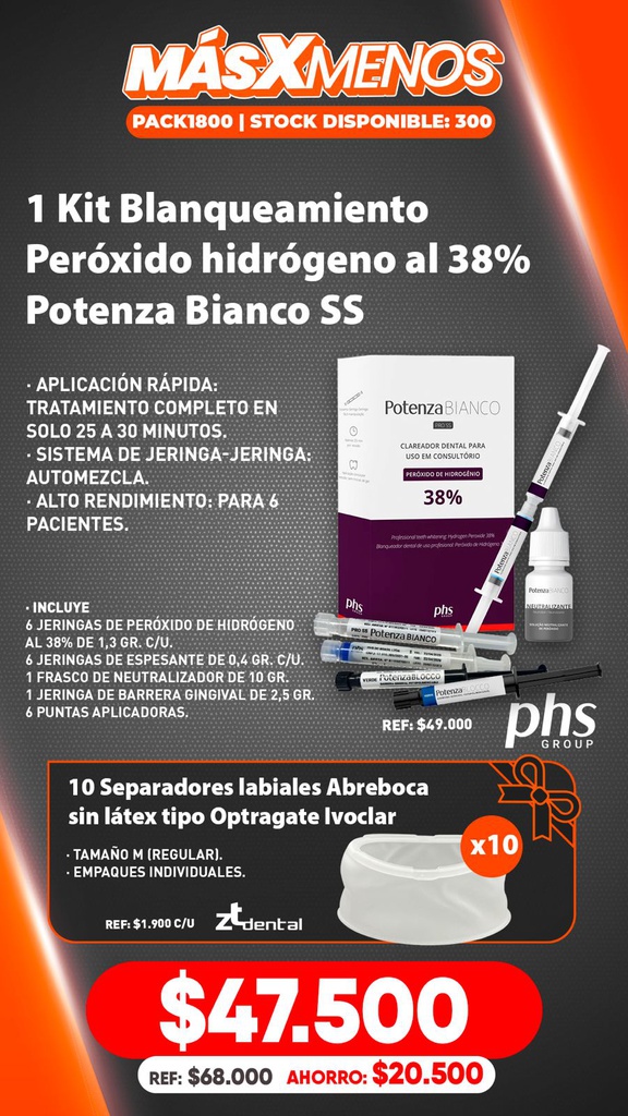 1 Kit Blanqueamiento Peróxido hidrógeno al 38% Potenza Bianco SS PHS + Regalo