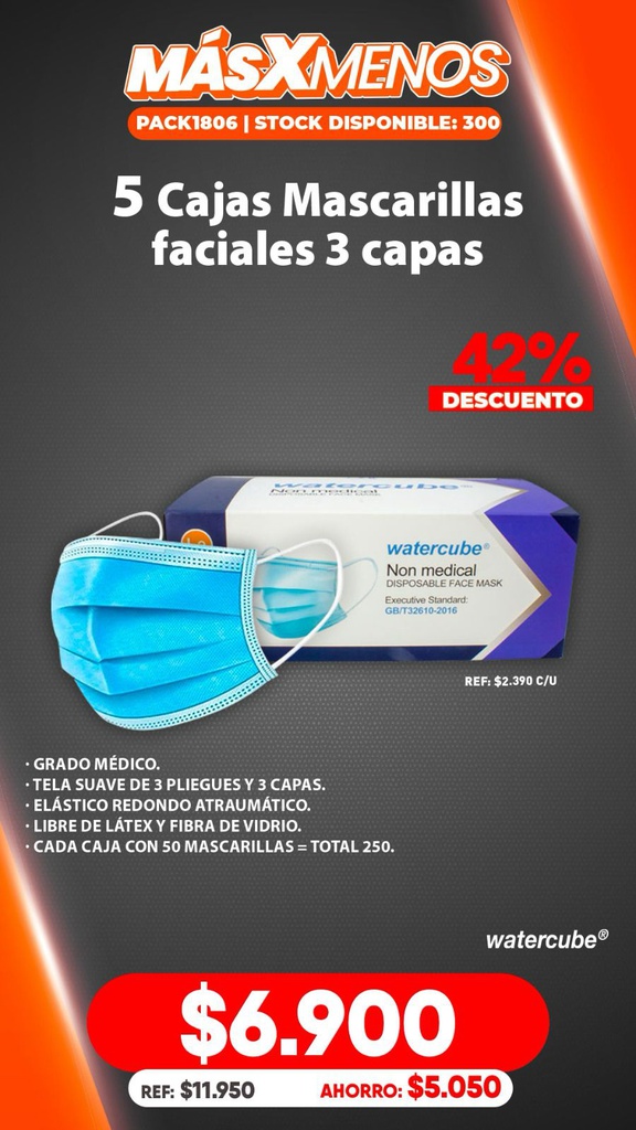 5 Cajas Mascarillas faciales 3 capas Watercube Keteng Medical