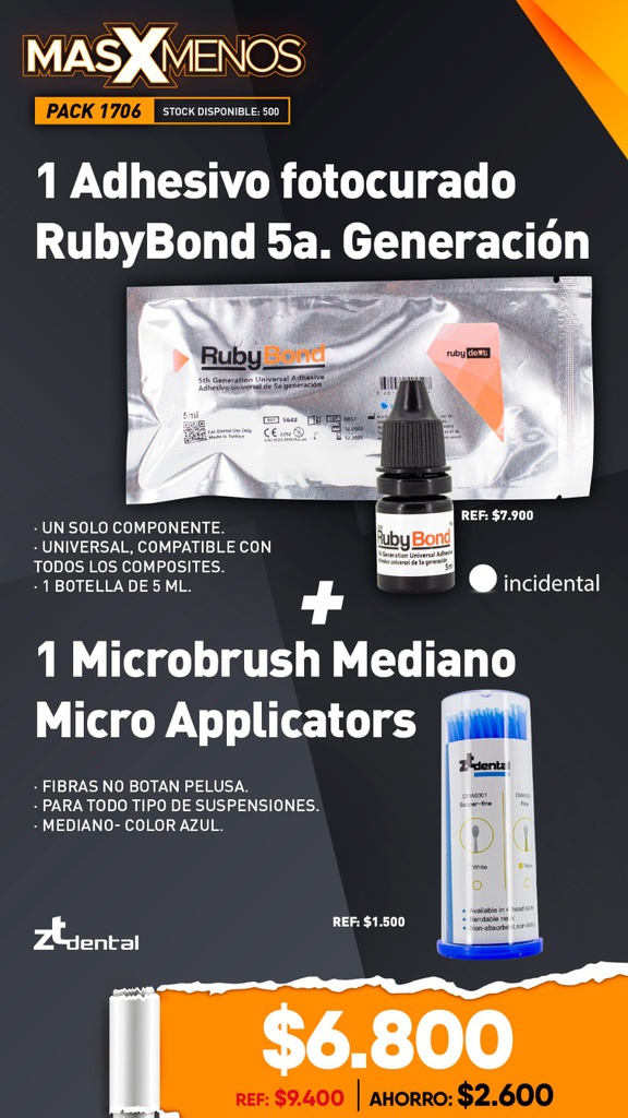 1 Adhesivo fotocurado RubyBond 5a. Generación Incidental + 1 Microbrush Micro Applicators ZT Dental