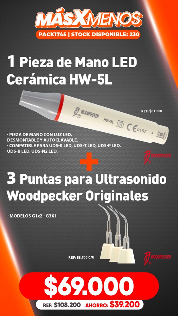 1 Pieza de Mano LED Cerámica HW-5L + 3 Puntas para Ultrasonido Woodpecker Originales