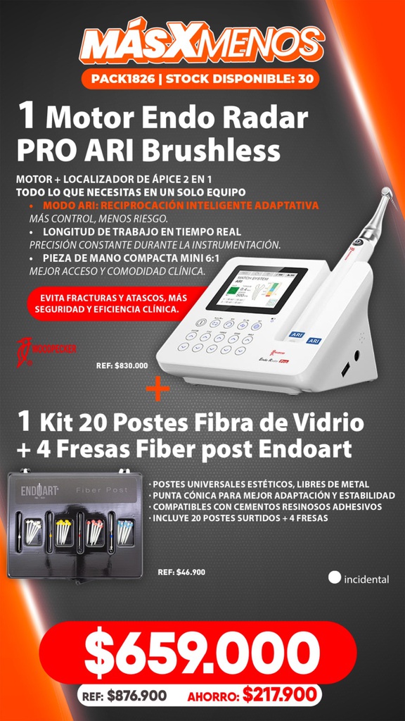 1 Motor Endo Radar PRO ARI Brushless Woodpecker + 1 Kit 20 Postes Fibra de Vidrio + 4 Fresas Fiber post Endoart Incidental