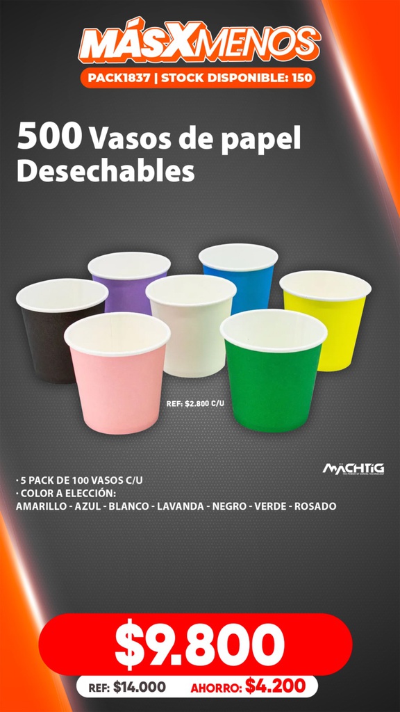 500 Vasos Papel Desechables Machtig