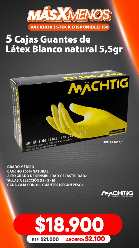 5 Cajas Guantes de Látex Blanco natural 5,5 gr Machtig
