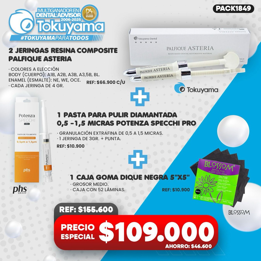 2 Jeringas Resina Palfique Asteria Tokuyama + 1 Pasta pulir 0,5 -1,5 micras Potenza Specchi Pro PHS + 1 Caja Goma Dique Negra Blossom