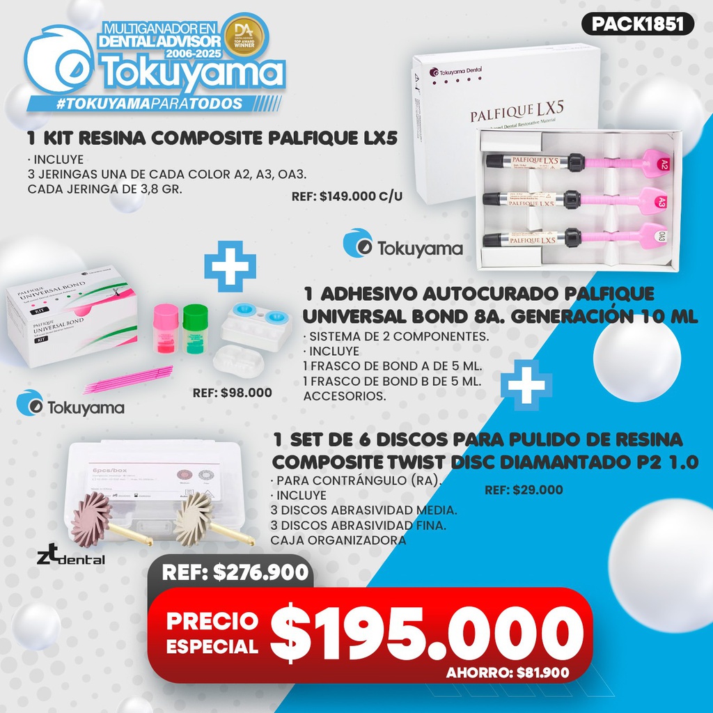1 Kit Resina Palfique LX5 Tokuyama + 1 Adhesivo Palfique Universal Bond 8a. Generación Tokuyama + 1 Set de 6 Discos pulido Resina Twist disc P2 1.0 ZT Dental