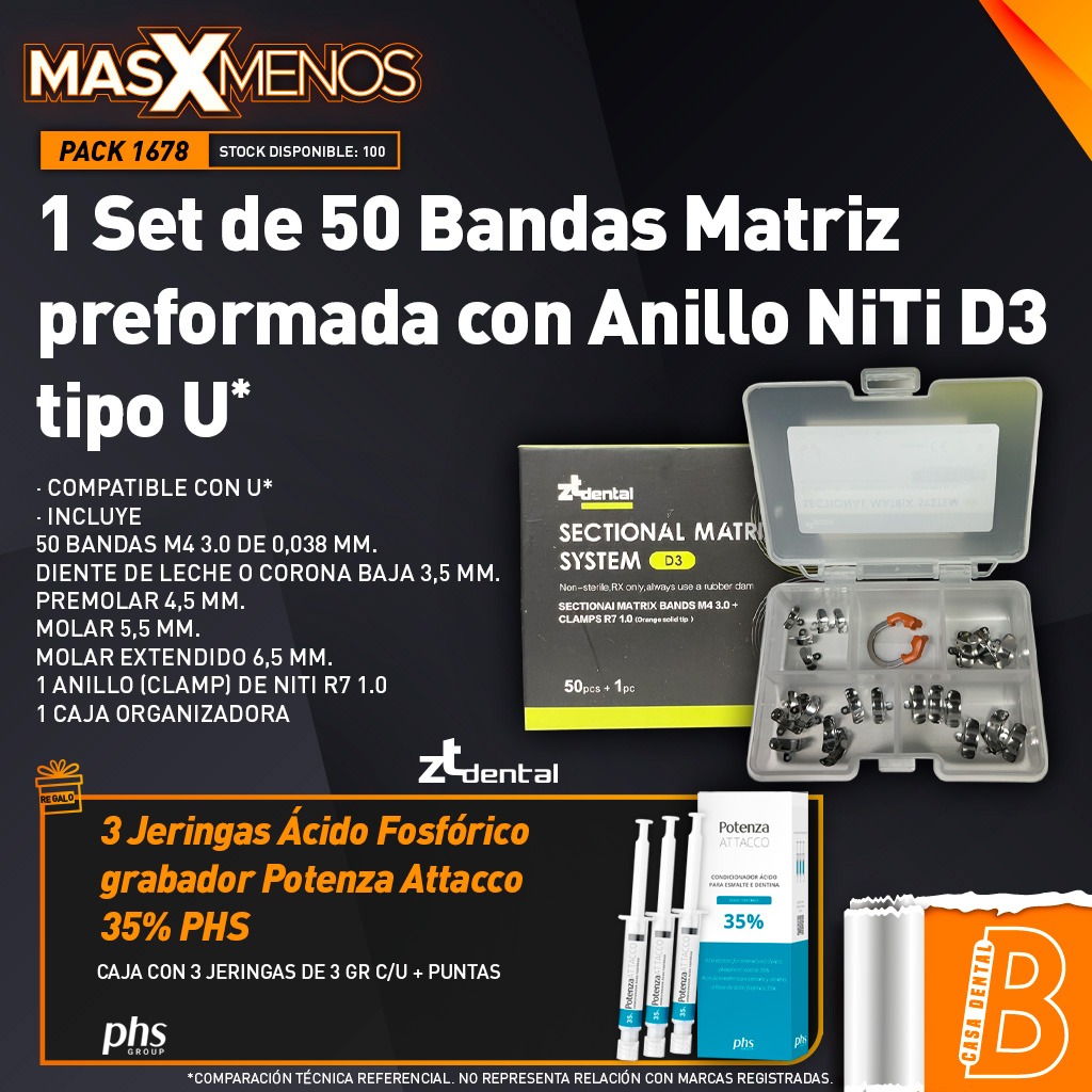 1 Set de 50 Bandas Matriz preformada con Anillo NiTi D3 tipo U ZT Dental + Regalo