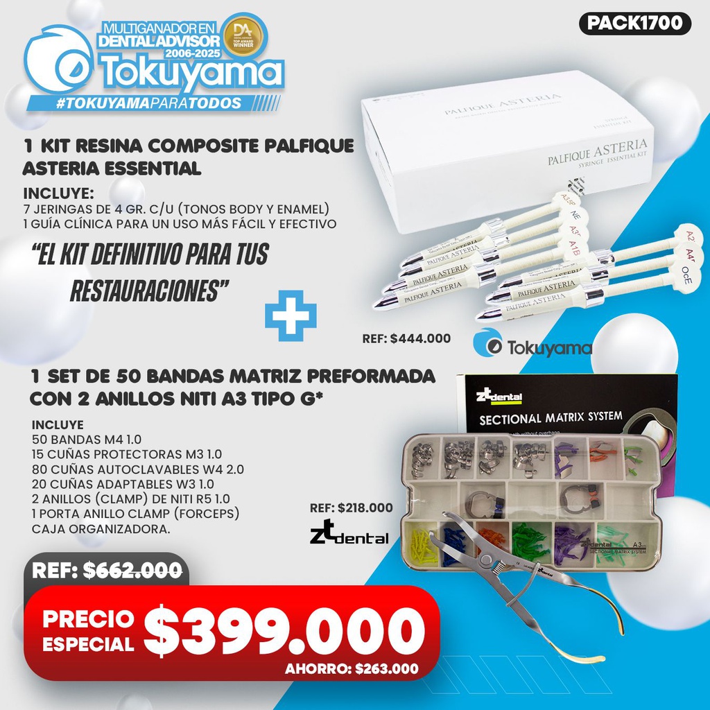 1 Kit Resina Composite Palfique Asteria Essential Tokuyama + 1 Set de 50 Bandas Matriz preformada con Anillo NiTi A3 tipo G ZT Dental