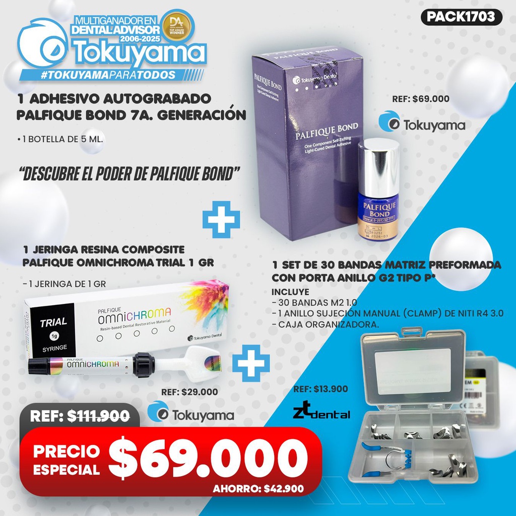 1 Adhesivo autograbado Palfique Bond 7a. Generación Tokuyama + 1 Jeringa Resina Composite Palfique Omnichroma Trial 1 gr Tokuyama + 1 Set de 30 Bandas Matriz preformada con porta anillo G2 tipo P ZT Dental