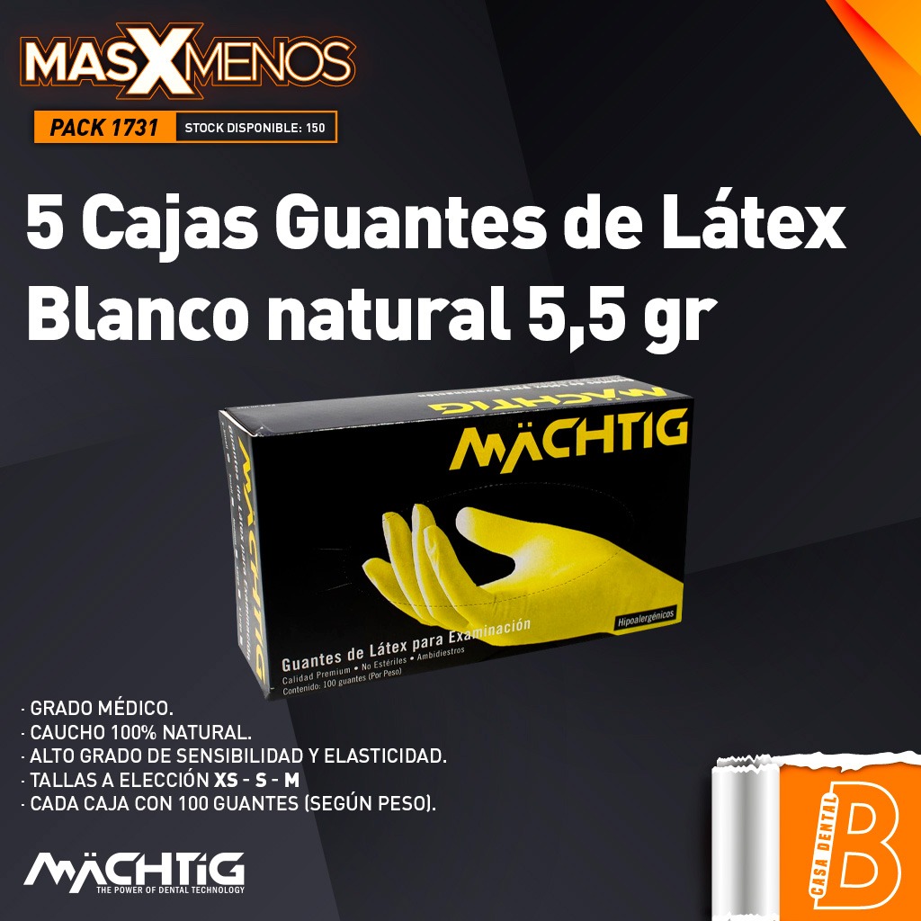 5 Cajas Guantes de Látex Blanco natural 5,5 gr Machtig