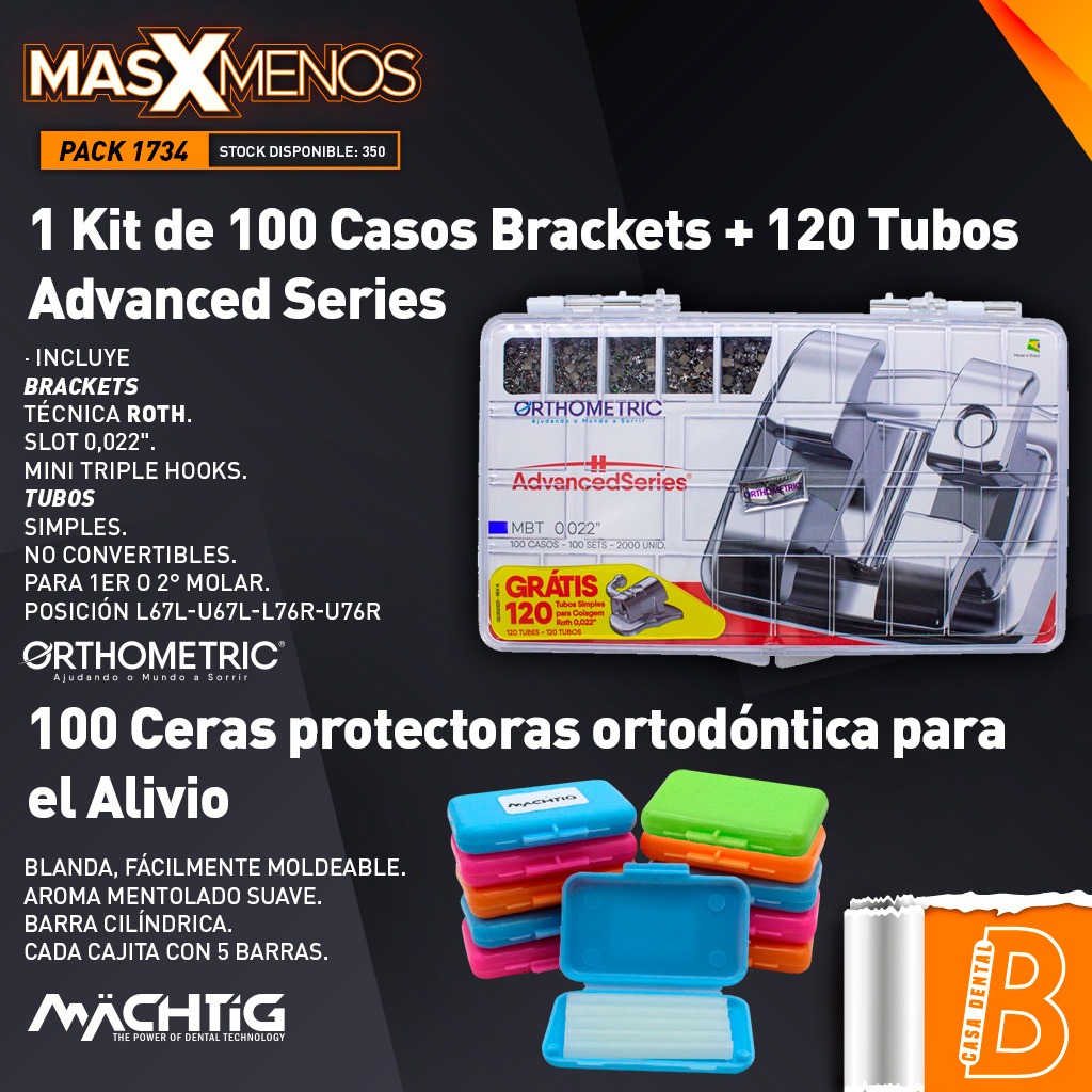 1 Kit de 100 Casos Brackets con 120 Tubos Advanced Series Orthometric + 100 Ceras protectoras ortodóntica para el Alivio Machtig