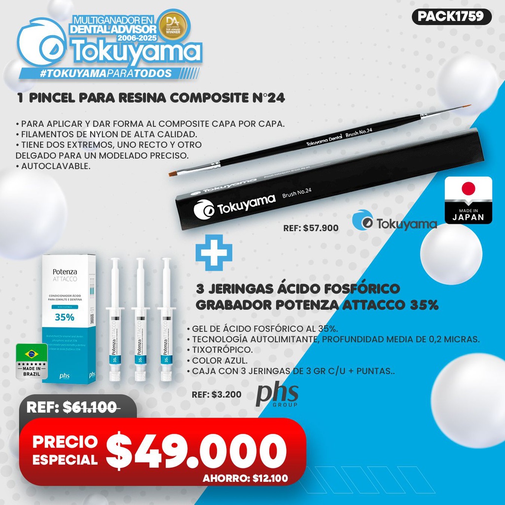 1 Pincel para Resina composite N°24 Tokuyama + 3 Jeringas Ácido Fosfórico grabador Potenza Attacco 35% PHS