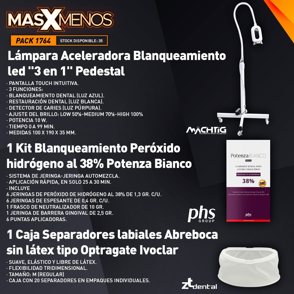 1 Lampara Aceleradora Blanqueamiento led 3 en 1 Pedestal Machtig  1 Kit Blanqueamiento Peroxido hidrogeno Potenza Bianco SS PHS  1 Caja Separadores labiales Abreboca sin latex tipo Optragate Ivoclar ZT dental