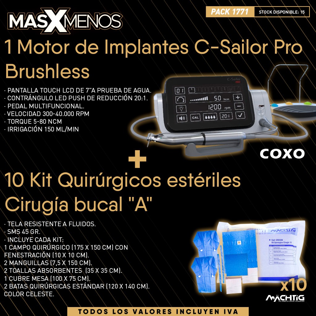 1 Motor de Implantes C-Sailor Pro Brushless Coxo + 10 Kit Quirúrgicos estériles Cirugía bucal &quot;A&quot; Machtig