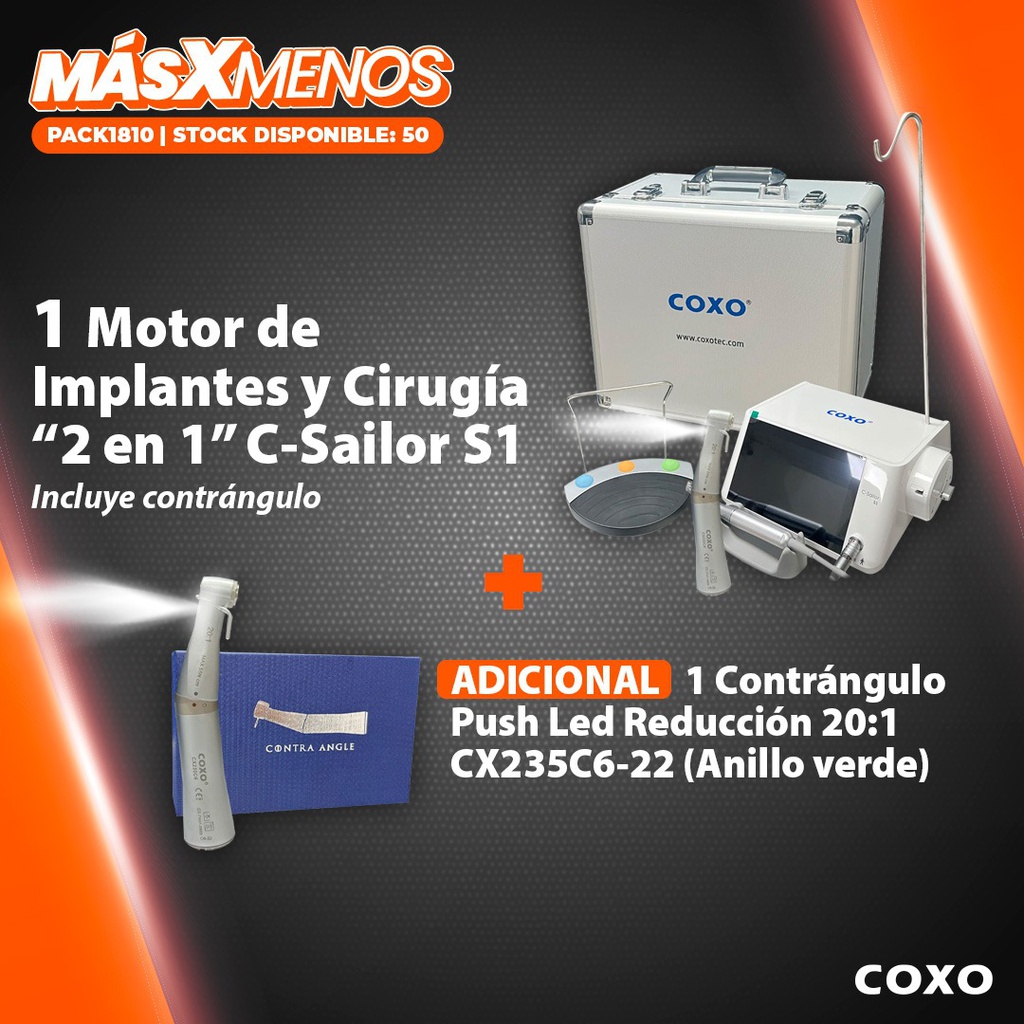 1 Motor de Implantes y Cirugía C-Sailor S1 Brushless + 1 Contrángulo Push Led Reducción 20:1 Coxo CX235C6-22 (Anillo verde)