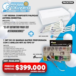 [PACK1700] 1 Kit Resina Composite Palfique Asteria Essential Tokuyama + 1 Set de 50 Bandas Matriz preformada con Anillo NiTi A3 tipo G ZT Dental