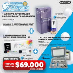 [PACK1703] 1 Adhesivo autograbado Palfique Bond 7a. Generación Tokuyama + 1 Jeringa Resina Composite Palfique Omnichroma Trial 1 gr Tokuyama + 1 Set de 30 Bandas Matriz preformada con porta anillo G2 tipo P ZT Dental